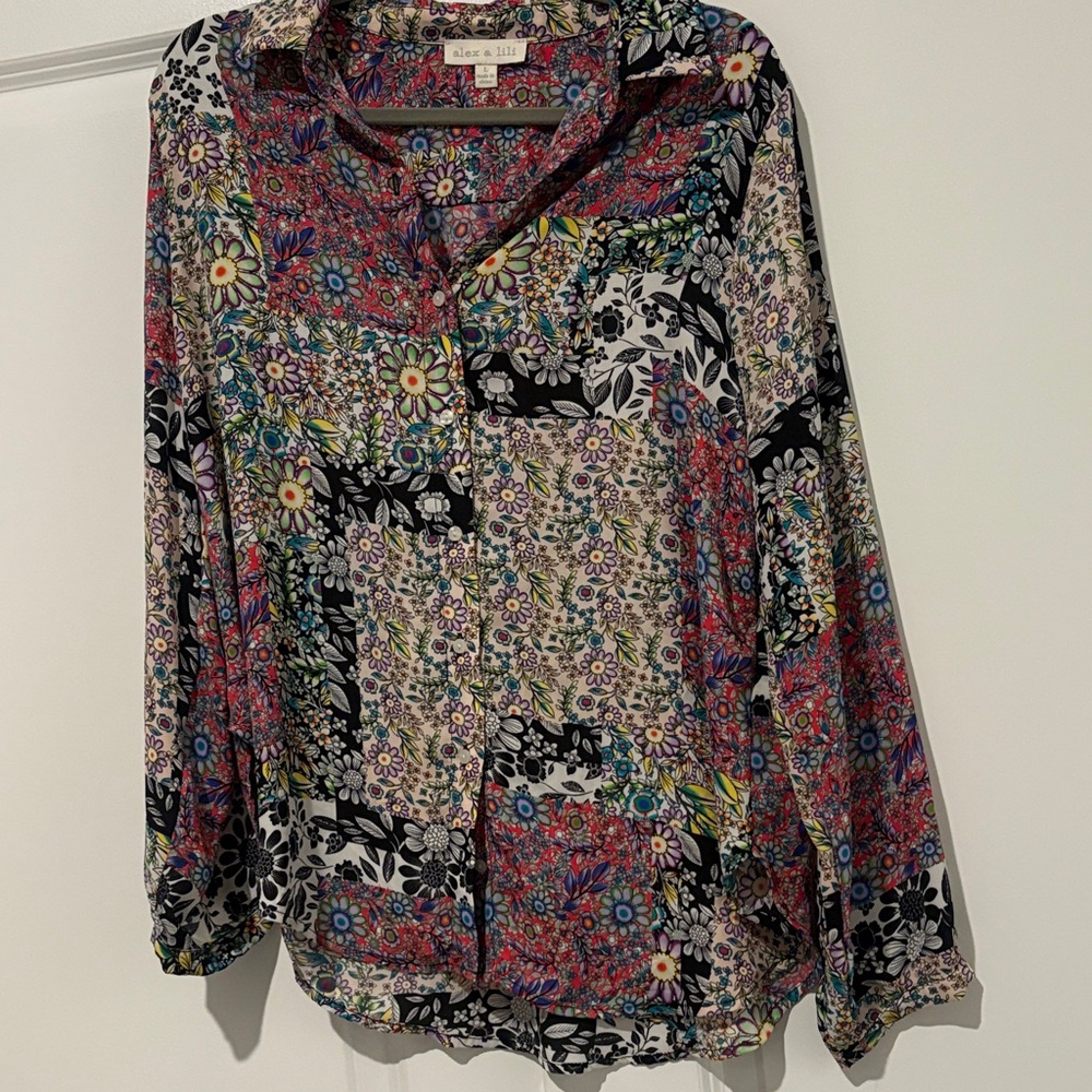 Alex & Lili Floral Patchwork Button-Front Blouse - Multicolor Size L